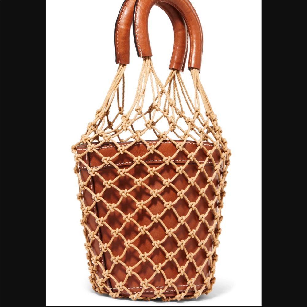 STAUD Brown Leather Bucket Bag with Beige MacramΓ© Net